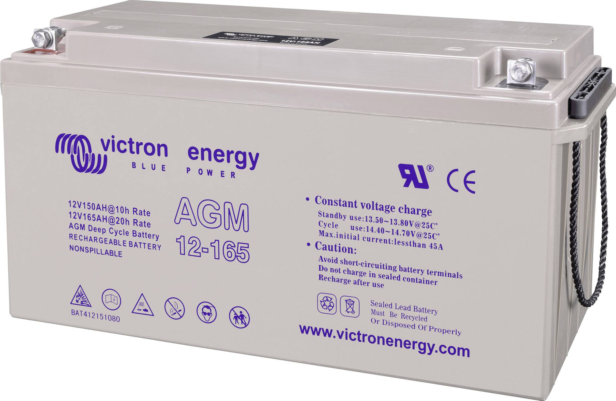 Victron Energy AGM Batterie, Modell 12-165, 12V/165Ah bei 20h Rate. Informationen zur konstanten Spannungsladung und Vorsichtshinweise.