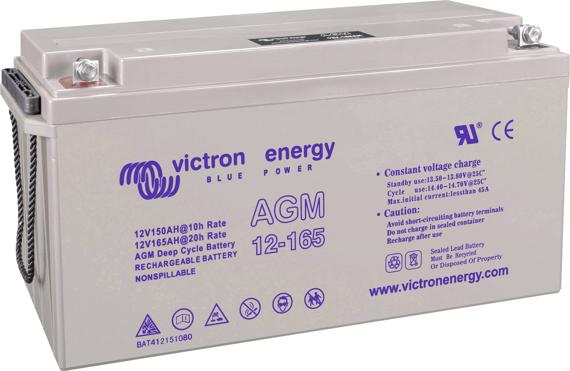 Graue AGM-Batterie von Victron Energy, Modell 12-165, 12V/150Ah, zur Tiefentladungsnutzung. Siegel- und wartungsfrei, CE-zertifiziert.