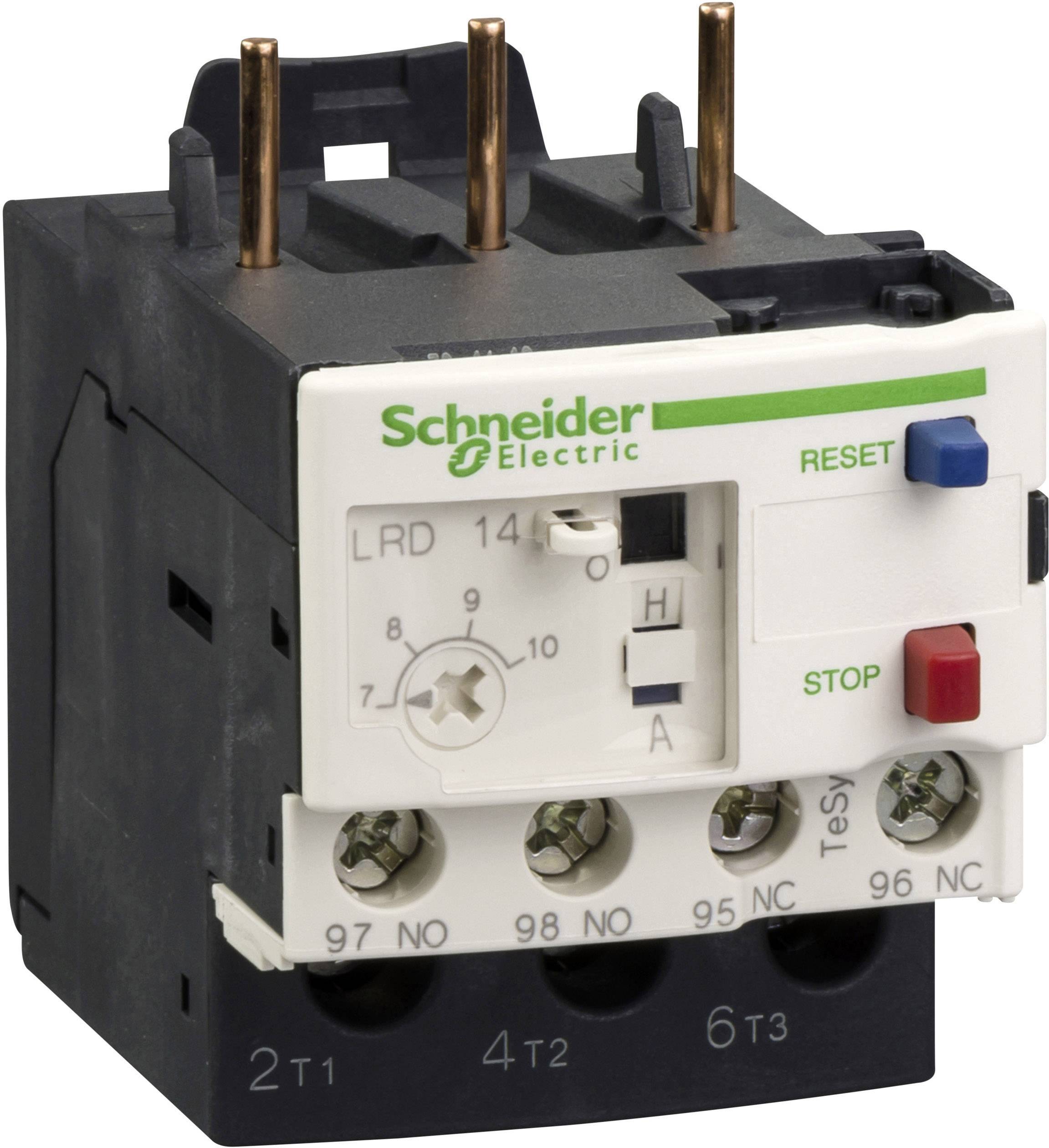 'Schneider Electric'-Motorschutzschalter, weiß und schwarz, zeigt Steuerknöpfe und Anschlüsse zur Sicherung elektrischer Geräte.