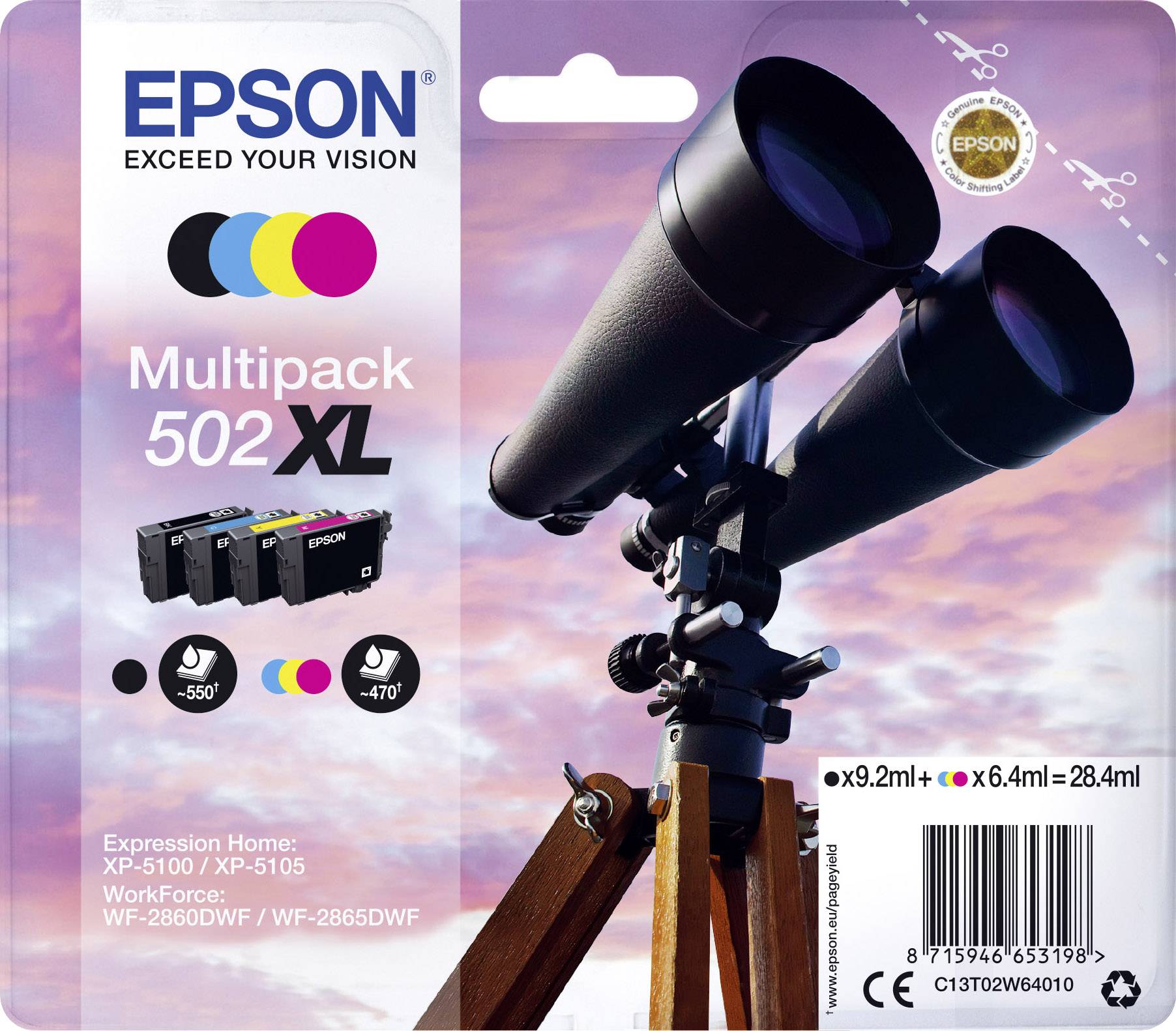 Epson Druckerpatrone T02W6, 502XL Original Kombi-Pack Schwarz, Cyan, Magenta, Gelb C13T02W64010