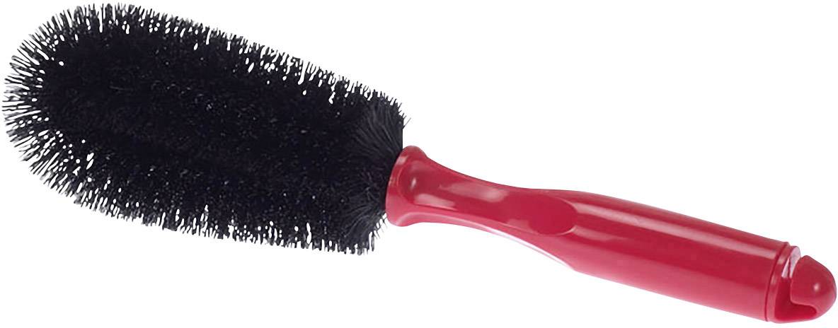 Eine rote Bürste mit schwarzen Borsten für das Reinigen von Flaschen oder Gläsern.