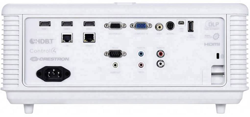 Rückansicht eines Projektors mit verschiedenen Anschlussmöglichkeiten wie HDMI, USB, Ethernet und VGA, für vielseitige Konnektivität.