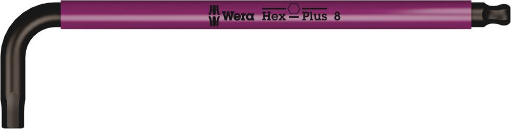 Ein L-förmiger Winkelschlüssel mit der Aufschrift 'Wera Hex-Plus 8', in dunkelrot und schwarz.
