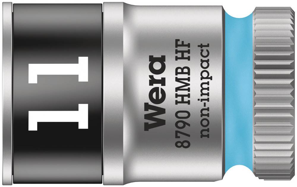 Steckschlüsseleinsatz mit Haltefunktion von Wera, Größe 11, Modell 8790 HMB HF, nicht schlagfest, silberfarben mit blauem Detail.
