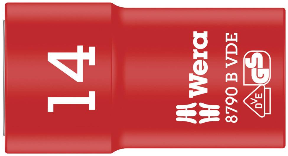Roter Steckschlüsselaufsatz mit Aufschrift '14', 'Wera', '8790 B VDE'. Geeignet für elektrische Anwendungen, VDE-zertifiziert.