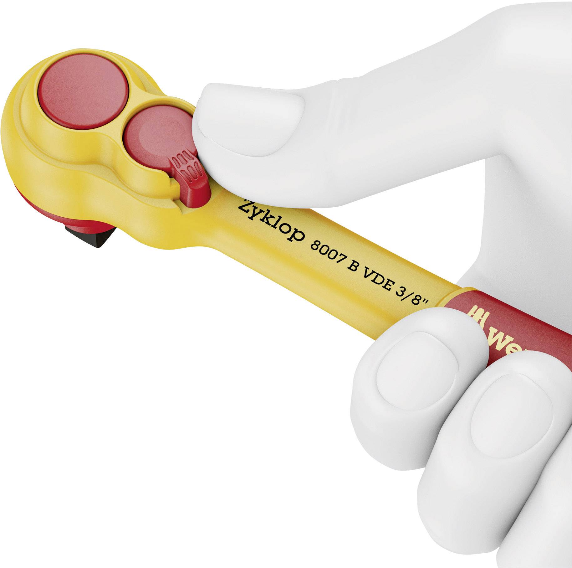 Eine weiße Hand hält einen gelben Ratschen-Schraubenschlüssel mit rotem Knopf. Auf dem Griff steht 'Zyklop 8007 B VDE 3/8'.