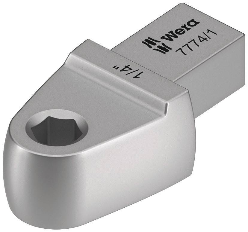 Silberner Adapter 'Wera 7774/1', 1/4 Zoll, mit sechseckiger Öffnung, verwendet zum Verbinden von Werkzeugen.