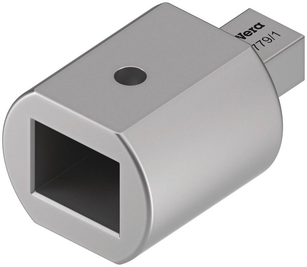 Silberner Adapter mit rechteckiger Öffnung und rundem Loch an der Oberseite, möglicherweise für spezielle Verbindungseinsätze.