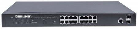 Ein schwarzer Netzwerk-Switch mit 16 Ethernet-Ports und zwei SFP-Ports. Markenname auf der linken Seite der Frontplatte.