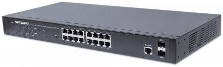Ein schwarzer Netzwerk-Switch mit 24 Ethernet-Ports und 2 SFP-Ports an einer Vorderseite, geeignet für Unternehmensnetzwerke.