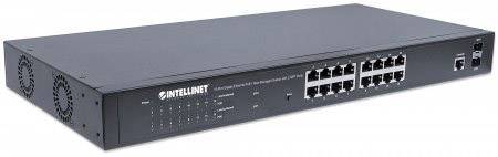 Ein schwarzer Netzwerk-Switch mit 16 Ethernet-Ports und zwei Lüftern auf der linken Seite.