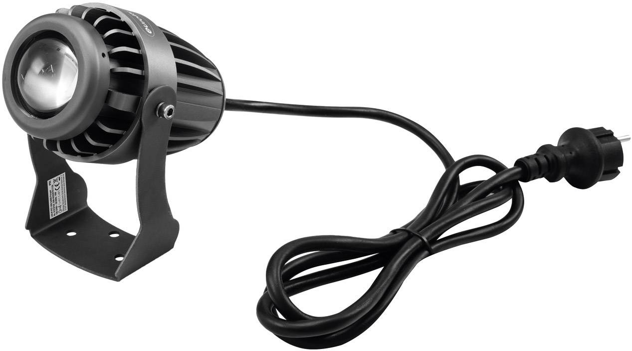 Ein schwarzer, zylindrischer Strahler mit Kabel und Stecker, montiert auf einem kleinen Metallständer.