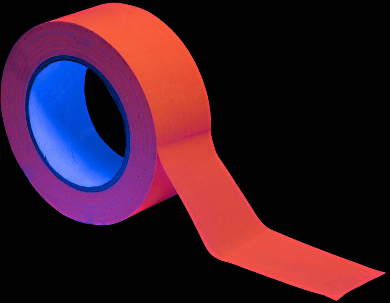 Eine Rolle leuchtend orangenen Klebebands mit einem blauen Innenkern, auf schwarzem Hintergrund, mit einem losen Streifen vorne.