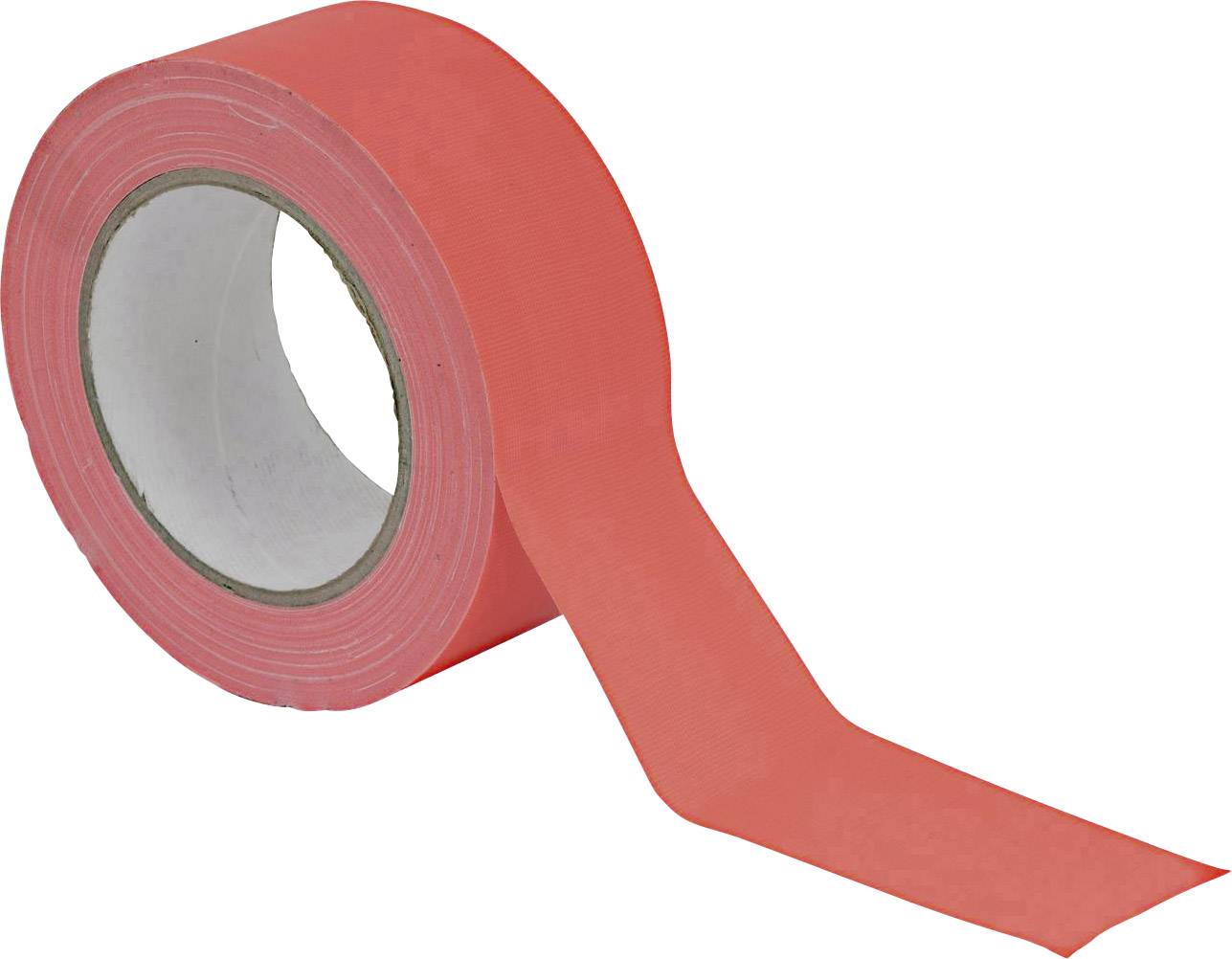 Rolle mit rotem Klebeband, teilweise abgerollt, vor weißem Hintergrund.
