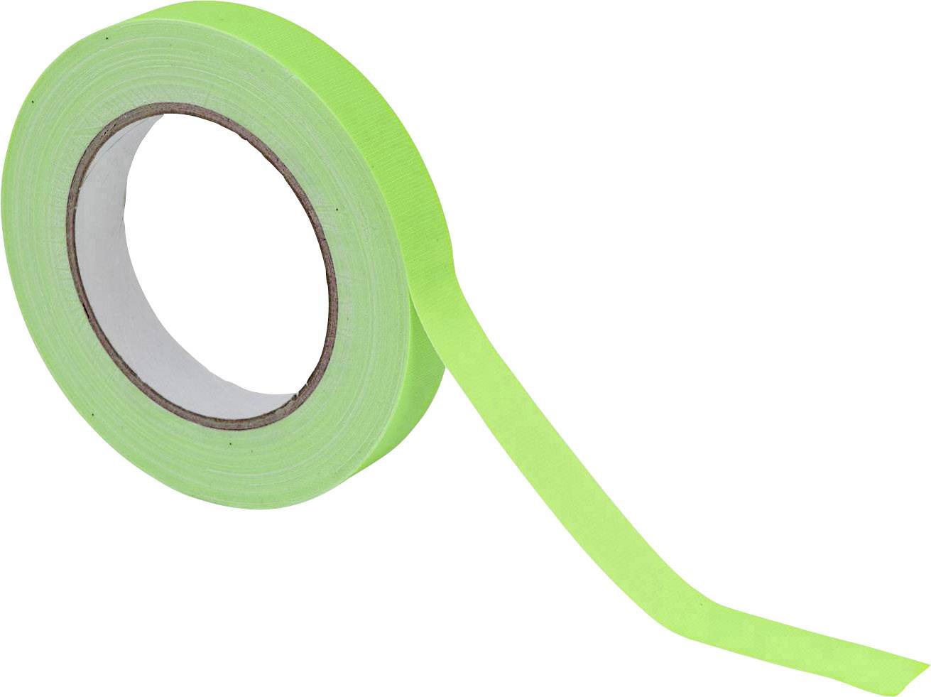 Eine Rolle neongrünes Klebeband auf weißem Hintergrund, teilweise abgerollt.