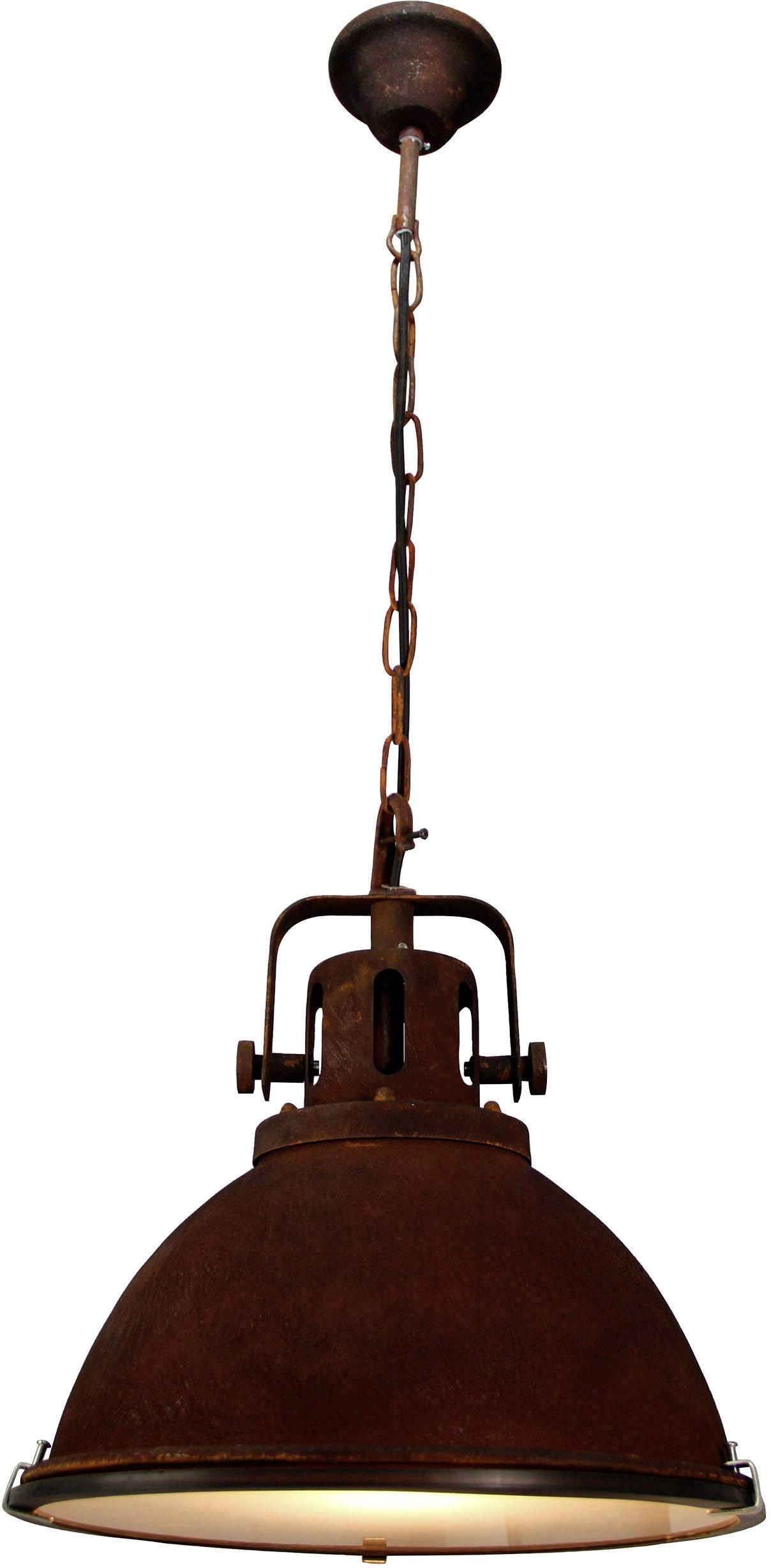 Eine industrielle Hängelampe mit rostigem Metallfinish und Kettenaufhängung, die nach unten leuchtet. Geeignet für Loft-Interieur.