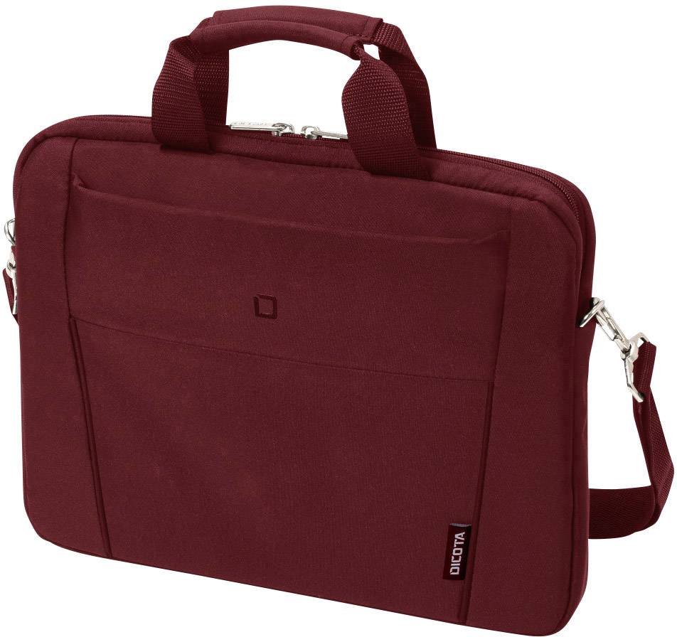 Eine rote Laptop-Tasche mit Tragegriff und abnehmbarem Schultergurt; Fronttasche mit Reißverschluss, schlichtes Design.