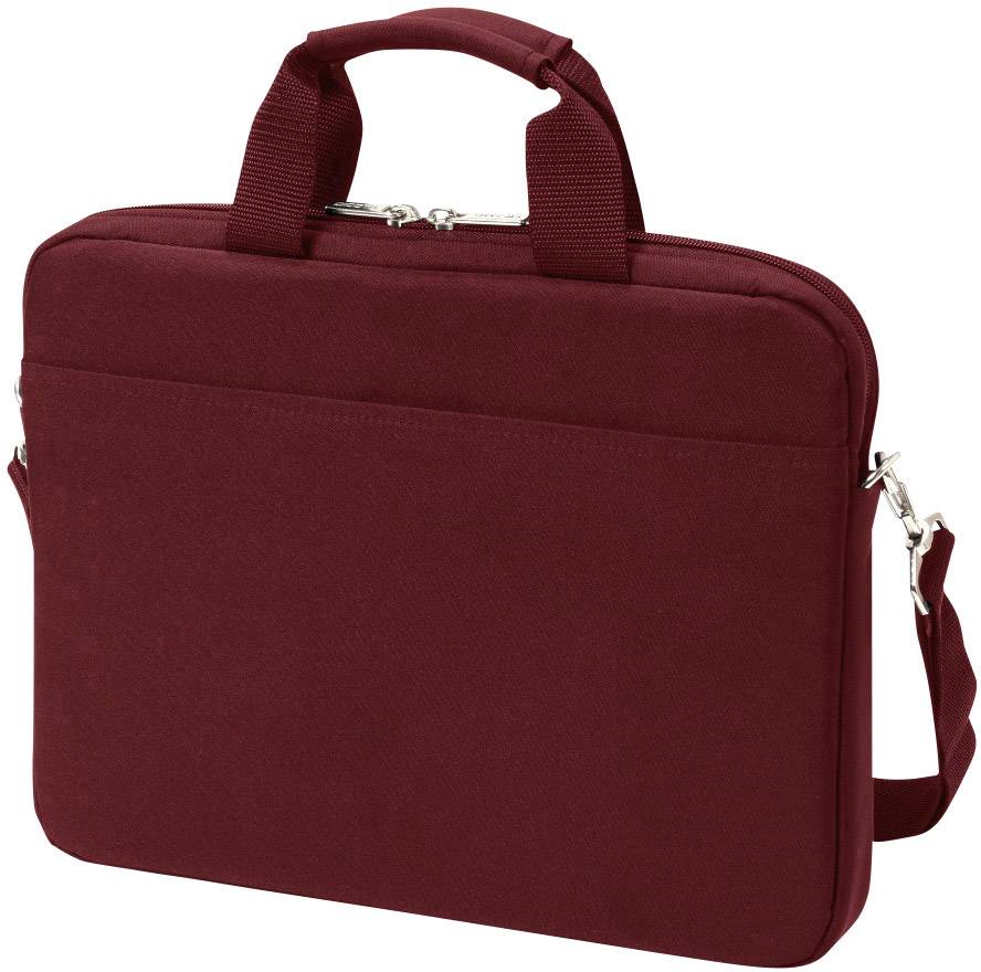 Rote Laptoptasche mit Griffen und abnehmbarem Schulterriemen, geeignet für den Transport von Laptops und Dokumenten.