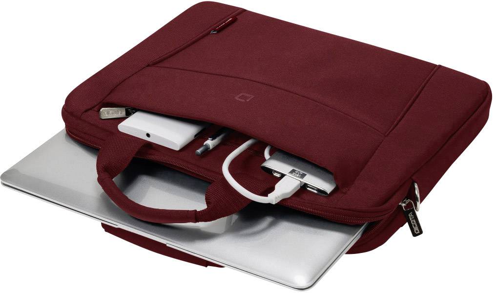 Eine rote Laptoptasche mit geöffnetem Reißverschluss zeigt einen Laptop, Ladekabel und ein USB-Gerät im Inneren.