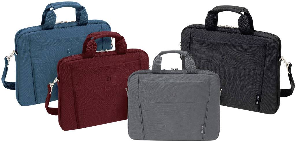 Drei Laptoptaschen in Blau, Rot und Schwarz stehen nebeneinander. Jede hat einen Tragegriff und eine abnehmbare Schulterriemen.