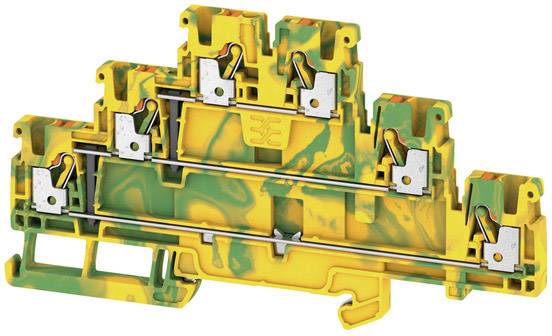 Ein mehrstöckiger, grün-gelb gesprenkelter Elektroklemmblock mit mehreren Anschlusspunkten und metallischen Leitungen.
