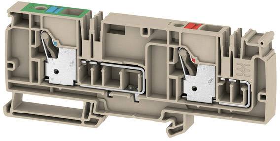 Ein beige Klemmenblock mit zwei Metallkontakten, farbigen Markierungen und mehreren Anschlusspunkten.