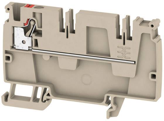 Braune Klemme mit Metallteil und rotem Detail, geformt für elektrische Verbindungen.