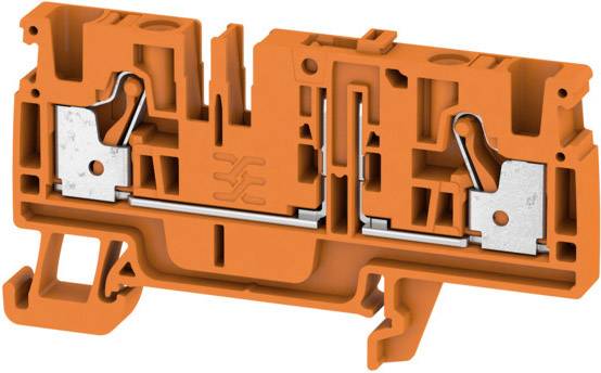 Ein orangefarbener elektrischer Anschlussblock mit Metallklemmen, verwendet zum sicheren Verbinden von Kabeln in elektrischen Schaltschränken.