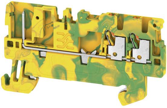 Gelb-grün marmorierte elektrische Anschlussklemme mit Metallelementen, zur Kabelverbindung in der Elektrotechnik.