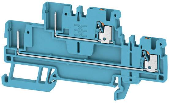 Eine blaue elektrische Reihenklemme mit metallischen Anschlussklemmen. Sie dient dem sicheren Verbinden von elektrischen Leitungen.