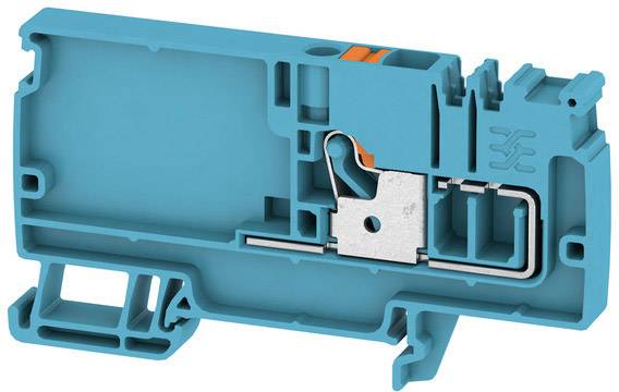 Ein blauer Klemmenblock aus Kunststoff mit einem Metallkontakt im Inneren, dargestellt in Seitenansicht. Gebraucht zur elektrischen Verbindung.