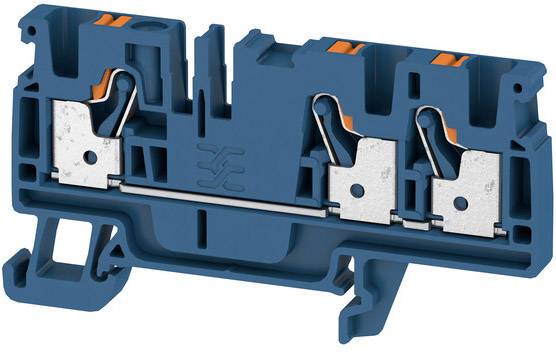 Elektrische Klemme in Blau mit zwei Metallkontakten und orangenen Bedienhebeln. Verwendung in Verkabelungskontexten.
