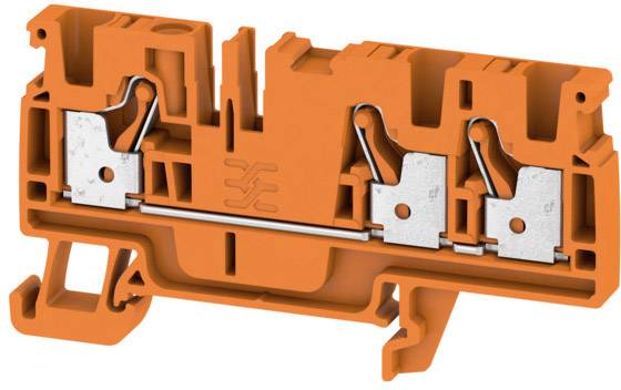 Oranger Klemmenblock für elektrische Verbindungen mit zwei Metallkontakten und Schraubklemmen. Verwendet in Elektroinstallationen.
