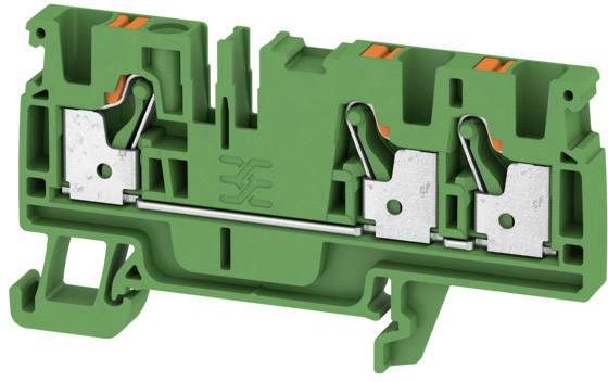 Grüne zweireihige Klemmschelle mit metallischen Kontakten und orangefarbenem einzigartigen Mechanismus für elektrische Drähte.