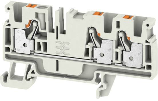 Graues, zweiteiliges elektrotechnisches Bauteil mit zwei Klemmen und Verbindungen zur Befestigung von Drähten.