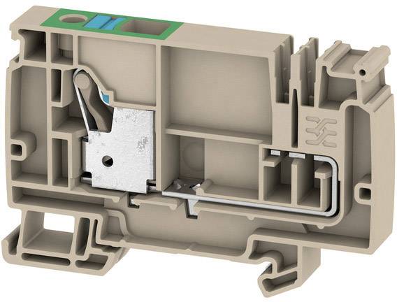 Kunststoffklemme mit Metallelementen, verwendet für elektrische Verbindungen in Schaltschränken. Enthält Schraub- und Federmechanismen.