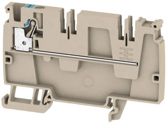 Abbildung einer elektrischen Klemme in beige mit Metallkontakt und Schraubensystem. Verwendet zum sicheren Verbinden von Leitungen.