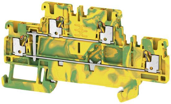 Gelb-grüner Klemmenblock aus Kunststoff mit Metallklemmen und Federn, zur Verbindung elektrischer Drähte, über Montage auf Schiene.