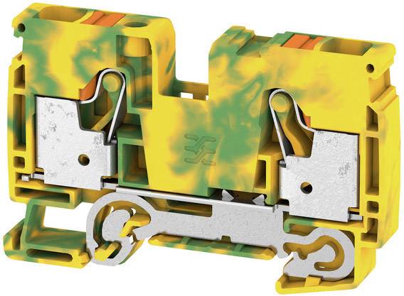 Gelb-grüner Phönix-Contact-Push-in-Reihenklemme mit zwei Steckplätzen und Metallspangen für elektrische Verbindungen.