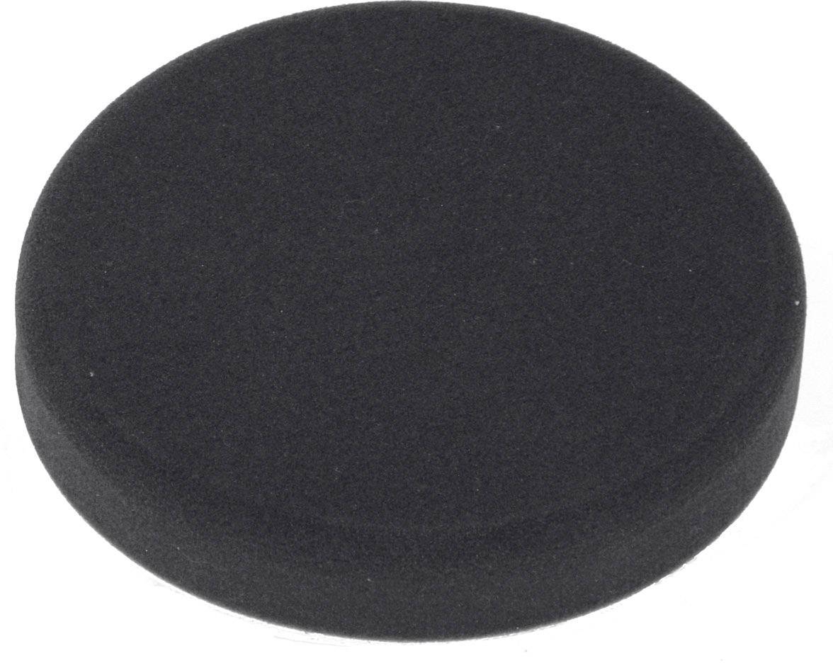 Ein schwarzer Eishockey-Puck auf weißem Hintergrund, direkt von oben gesehen.