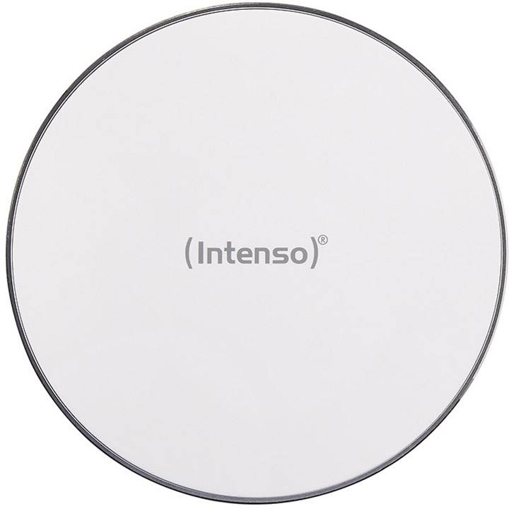 Runde, weiße kabellose Ladefläche mit dem Branding 'Intenso' in der Mitte.