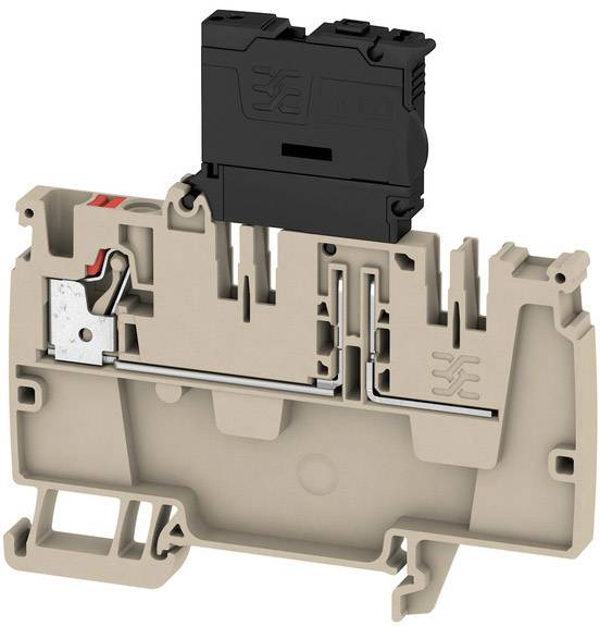 Klemmblock in Beige mit schwarzem Aufsatz, zeigt interne Metallverbindungen und isolierte Bereiche. Verwendet in elektrischen Schaltschränken.