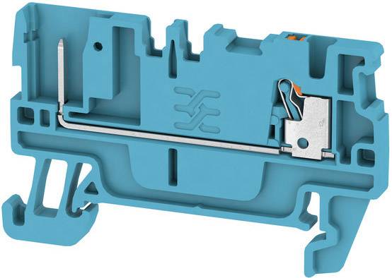 Elektrisch-blauer Reihenklemmenschalter mit Metallkomponenten und Anschlussklemmen, seitliche Ansicht.