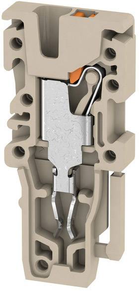 Querschnitt einer elektrischen Klemme, zeigt interne Metallverbindungen und Kunststoffgehäuse. Oberseite mit orangefarbenem Bauteil.