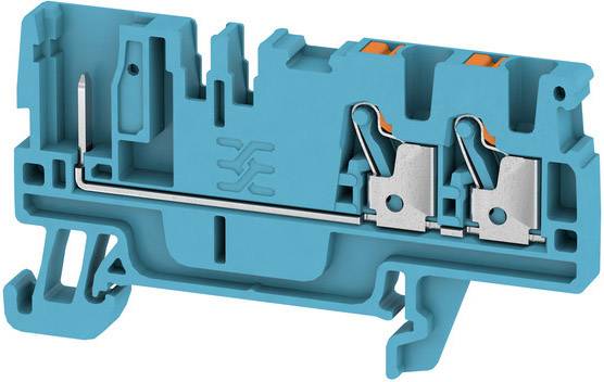 Bild eines blauen elektrischen Klemmenblocks mit zwei Metallverbindungen.