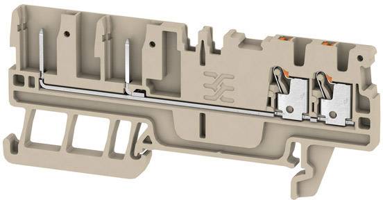 Ein elektrischer Reihenklemmenblock aus Kunststoff mit metallischen Verbindern, der zur sicheren Befestigung und Verdrahtung in Schaltschränken verwendet wird.