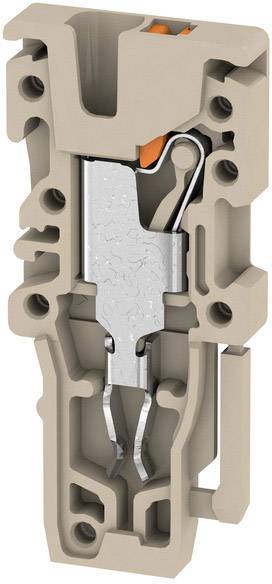 Querschnitt einer elektrischen Klemme aus Kunststoff mit Metallteilen, zeigt Innenteile und Verriegelungsmechanismus.