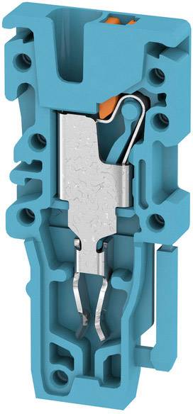 Querschnitt einer elektrischen Klemme in Blau mit silbernem Metallkontakt und orangem Detail. Zeigt den inneren Aufbau für technischen Einsatz.