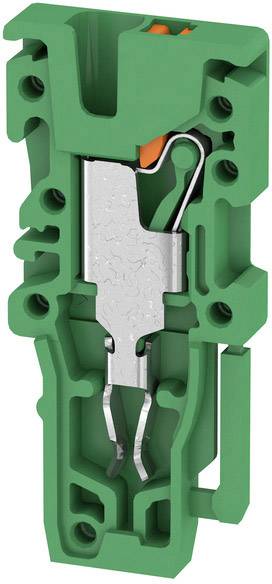 Eine grüne elektrische Klemme mit Metallkontakten und einem orangen Hebel, verwendet zur sicheren Leitung von elektrischen Verbindungen.