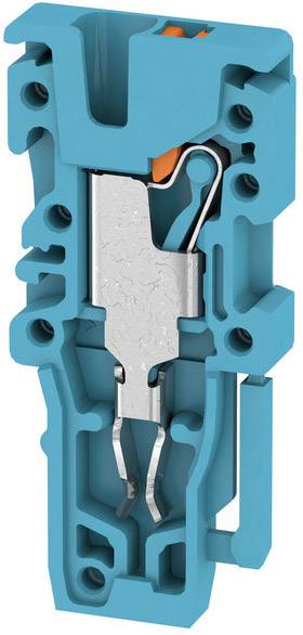 Ein blaues elektrisches Steckverbindergehäuse mit metallischen Klemmen und orangefarbenem Bedienungselement, technische Ansicht.